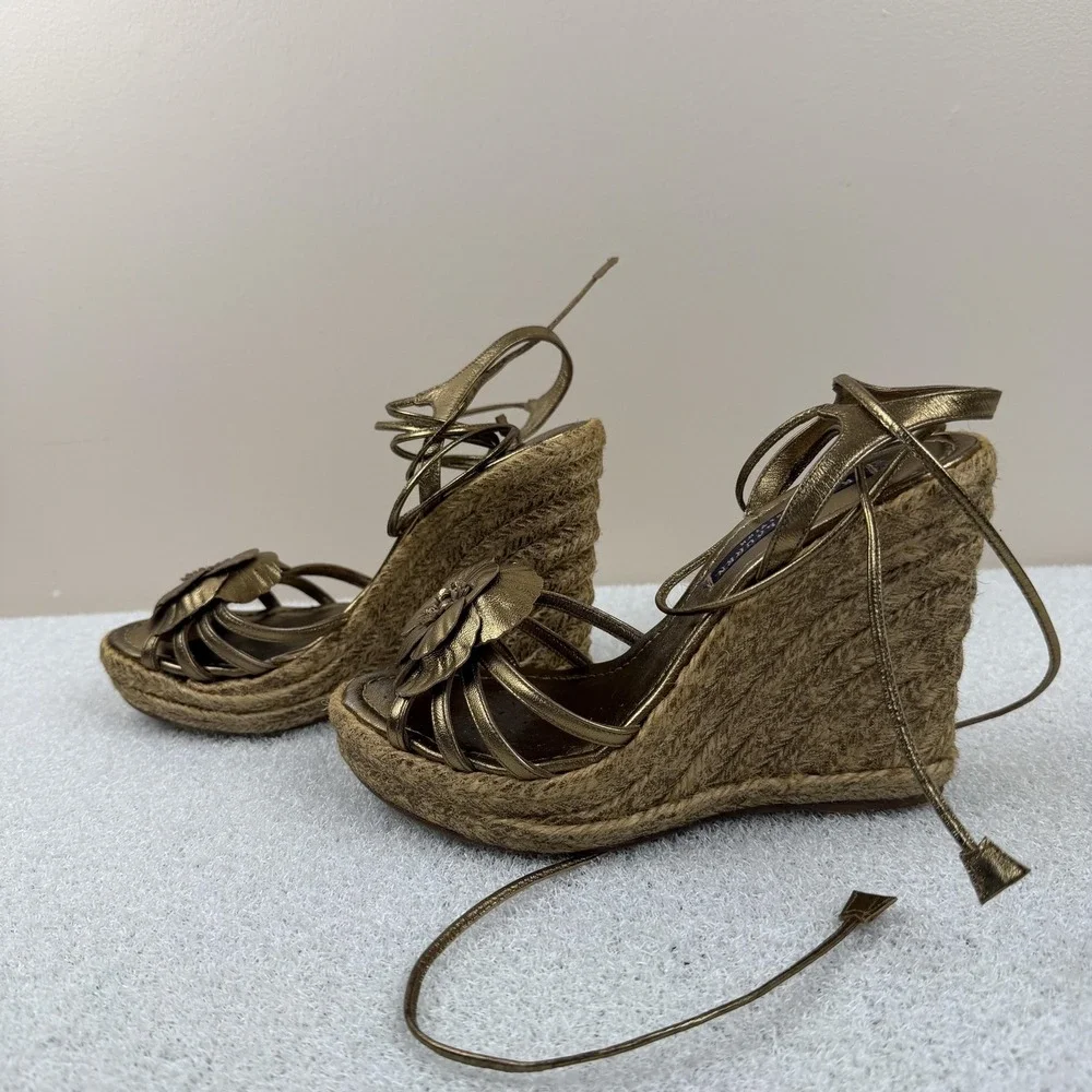 Ralph Lauren Purple Label Shoes Womens Size 7 Gold Espadrille Wedge Sandals Lace